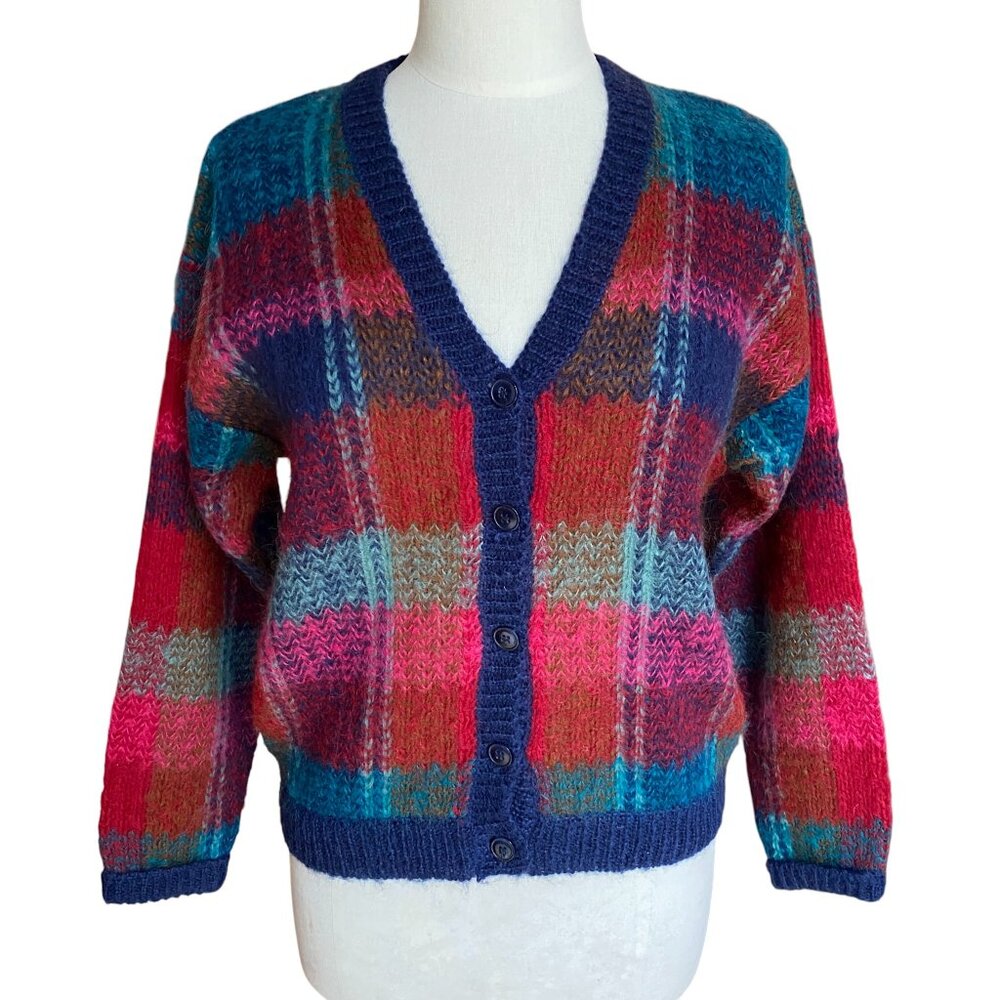 Vintage Epogee Plaid Mohair Cardigan Old Money Fuzzy Indie Grunge Cottagecore-S